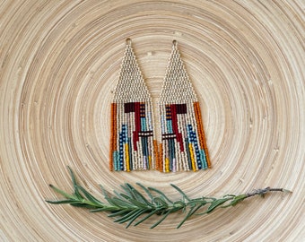 Modern Bohemian Bead Fringe Earrings Long Bead Tassel earrings Colorful Patchwork Beaded Jewelry for Women Neutral Color bead earrings