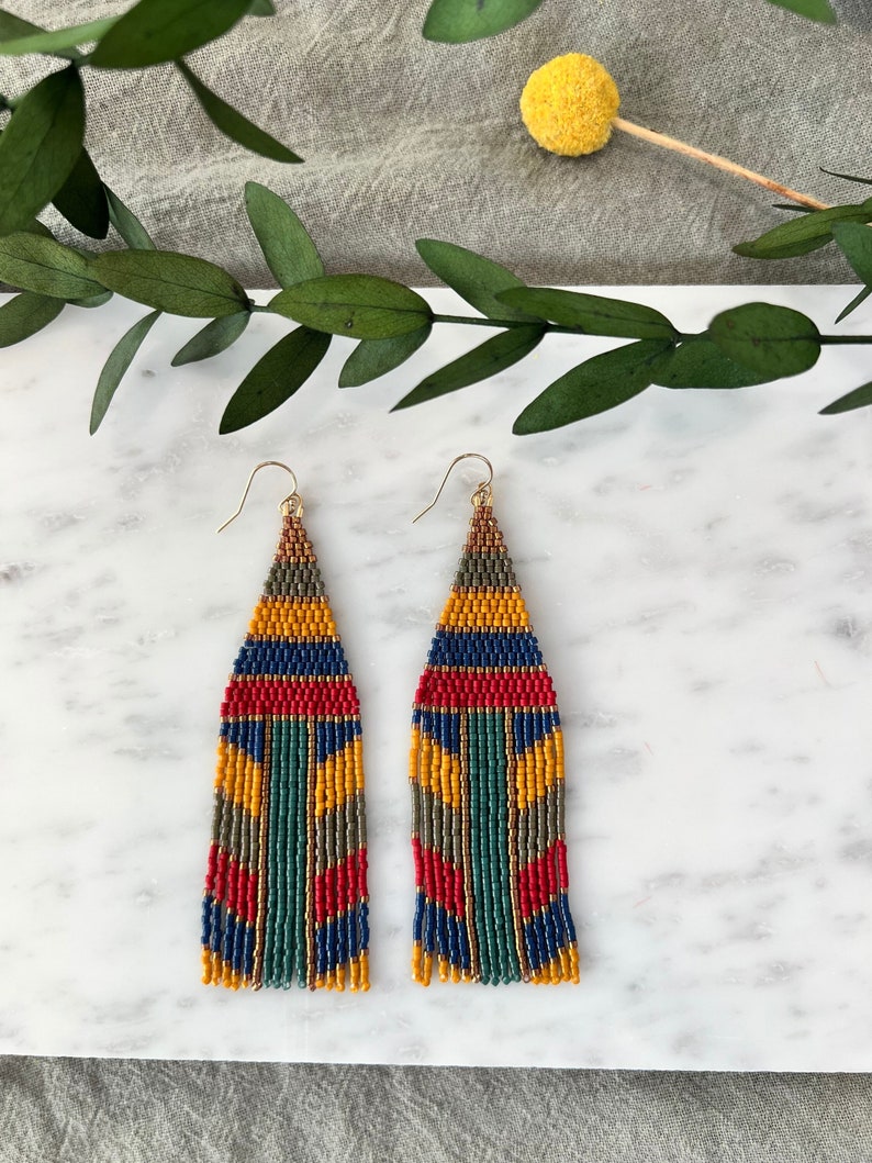 Colorful Strip Beaded Fringe Earrings Mustard Yellow Fringe Earrings Multi Color Earrings Stripe Jewelry Boho Jewelry Earthy Beaded Earrings image 1