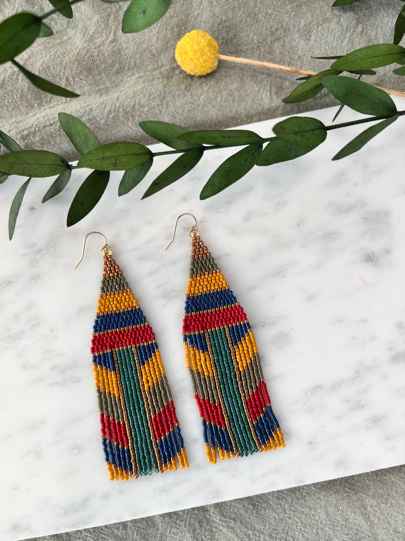 Colorful Strip Beaded Fringe Earrings Mustard Yellow Fringe Earrings Multi Color Earrings Stripe Jewelry Boho Jewelry Earthy Beaded Earrings image 2