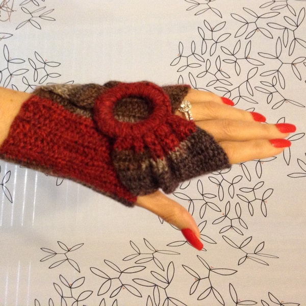Infinity Fingerless Gloves w Red Ring - Red Gray Brown - Texting Driving Manicure Gloves - Wristwarmers - Crochet Yarn Wear - Medium