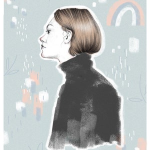 Ilustración chica perfil con pelo detalle. Ilustración, poster o cartel. Decor.