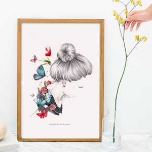 Ilustración, poster o cartel // Chica primavera // decoración // Dibujo a lápiz y acuarela