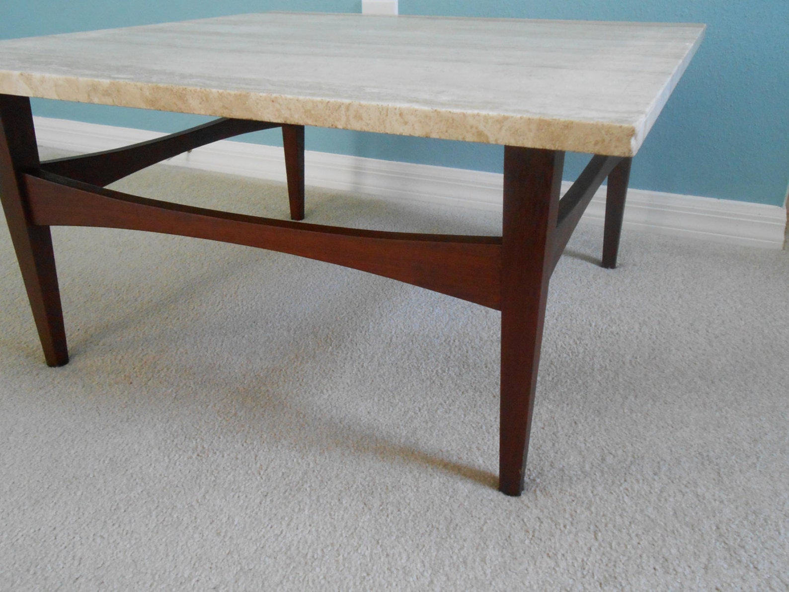 Mid Century Large Square Coffee Table Travertine Top Danish Etsy