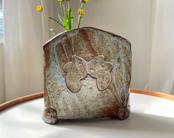 Vintage Ikebana Pottery Vase Signed Hand Made Ceramic Slab Vase Minimalist Sculpture Wabi Sabi