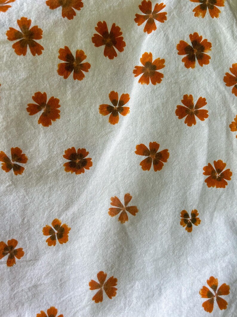 May include: A white fabric featuring a repeating pattern of small, five-petaled orange flowers. The flowers are distributed across the surface in a scattered arrangement, each displaying a darker brown center and distinct petal shapes.