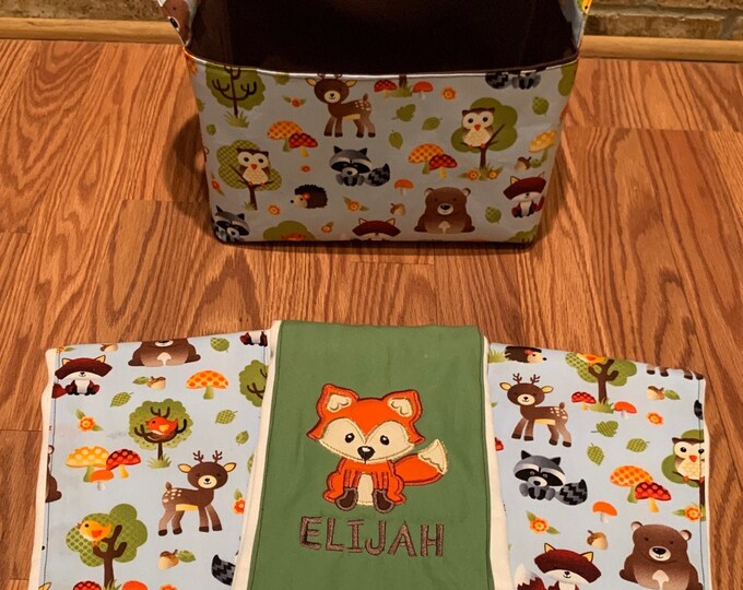 Forest Animals Baby Gift Basket - Baby Shower Gift Basket Set - Custom Embroidered Basket - Custom Applique - Hunting Gift Basket - Hunting
