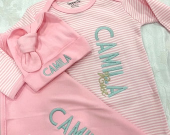 Baby Gown Set, Newborn Gown Set, Infant Gown Set, Baby Gown, Baby Beanie, Baby Blanket, Monogram Gown Set. Personalized Gift Set, Monogram