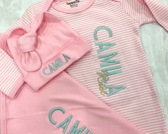 Baby Gown Set, Newborn Gown Set, Infant Gown Set, Baby Gown, Baby Beanie, Baby Blanket, Monogram Gown Set. Personalized Gift Set, Monogram