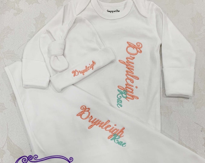 Baby Gown Set, Newborn Gown Set, Infant Gown Set, Baby Gown, Baby Beanie, Baby Blanket, Monogram Gown Set. Personalized Gift Set, Monogram