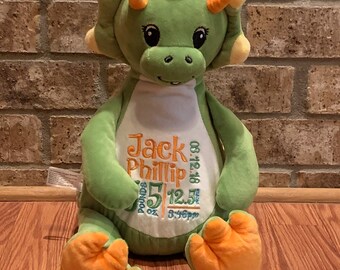 Green Dino Personalized Stuffed Animal - Personalized Birth Stats Stuffed Animal - Stuffed Animal with Birth Stats - Embroidered Birth Stats