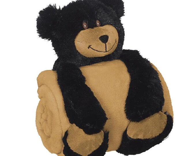 Black Bear Blanket Huggers, Personalized Blanket, Stuffed Animal w/blanket, Custom Embroidery, Custom blanket stuffed animal, Personalized
