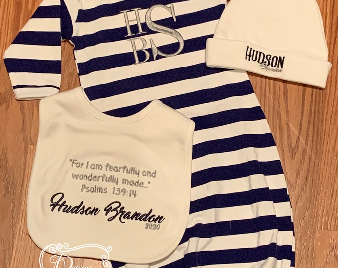 Navy Striped Baby Gown Set, Newborn Gown Set, Infant Gown Set, Baby Gown, Baby Beanie, Bib, Monogram Gown Set. Personalized Gift Set