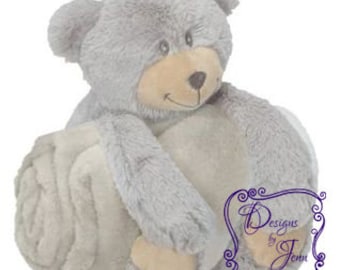 Gray Bear Blanket Huggers, Personalized Blanket, Stuffed Animal w/blanket, Custom Embroidery, Custom blanket stuffed animal, Personalized