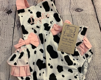 Cow Print Girls Bubble with pink accents - Personalized Cow Print Bubble - Monogramed Cow Print Bubble - Baby Girl Bubble Outfit - 1st B'day