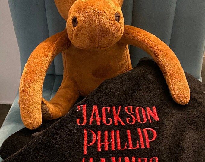 Moose Blanket Huggers, Personalized Blanket, Stuffed Animal w/ blanket, Custom Embroidery, Custom blanket stuffed animal, Personalized gift