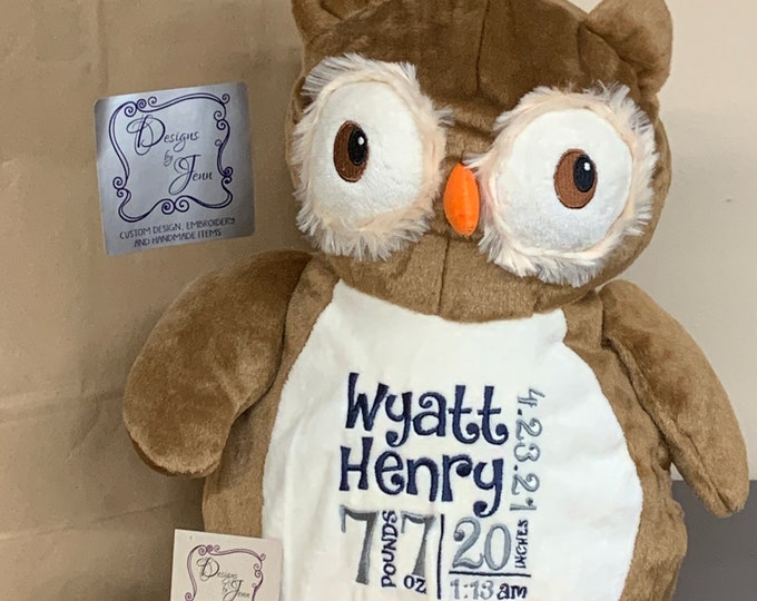 Owl Personalized Stuffed Animal - Personalized Birth Stats Stuffed Animal - Stuffed Animal with Birth Stats - Embroidered Animal Birth Stats
