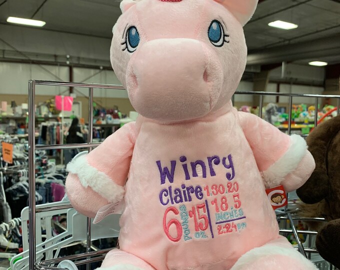 Pink Unicorn Personalized Stuffed Animal - Personalized Birth Stats Animal - Stuffed Animal w/ Birth Stats - Embroidered Animal Birth Stats