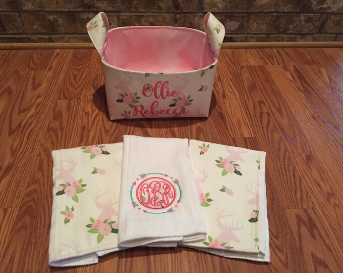 Floral Deer Head Baby Gift Basket - Gift Basket Set - Custom Embroidered Basket - Custom Applique - Hunting Gift Basket - Hunting