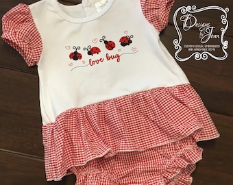 Lady Bug Red Gingham Bubble Romper - Personalized Romper - Infant to Toddler Romper - Summer Red Gingham Romper -  1st Bday