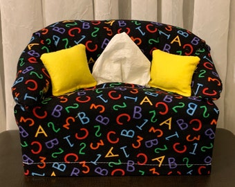 ABCs and 123s Couch Tissue Box Cover -Tissue Box Cover - Tissue Cover - Couch Shaped Tissue Box Cover - Tissue Box Cover - School Themed