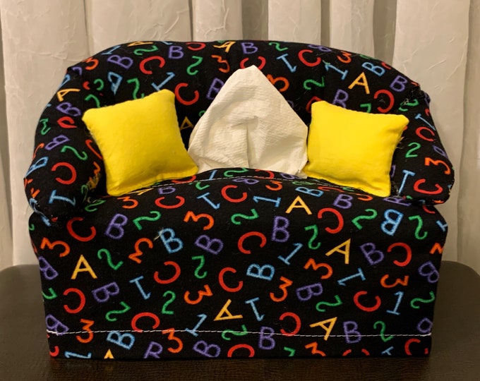 ABCs and 123s Couch Tissue Box Cover -Tissue Box Cover - Tissue Cover - Couch Shaped Tissue Box Cover - Tissue Box Cover - School Themed