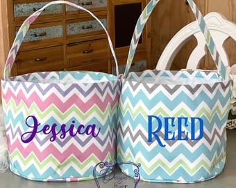 Personalized Chevron Easter Basket – Embroidered Name Egg Hunting Bag