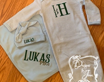 Baby Gown Set, Newborn Gown Set, Infant Gown Set, Baby Gown, Baby Beanie, Baby Blanket, Monogram Gown Set. Personalized Gift Set, Monogram