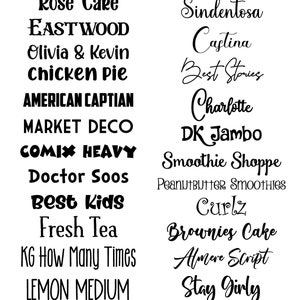 May include: A black and white image with a list of names, including "Rumble Brave", "Rose Cake", "Eastwood", "Olivia & Kevin", "Chicken Pie", "American Captian", "Market Deco", "Comix Heavy", "Doctor Soos", "Best Kids", "Fresh Tea", "KG How Many Times", "Lemon Medium", "Walt Disney", "Magnolia Sky", "Sindentosa", "Castina", "Best Stories", "Charlotte", "DK Jambo", "Smoothie Shoppe", "Peanutbutter Smoothies", "Curlz", "Brownies Cake", "Almere Script", "Stay Girly", and "Kayleigh".