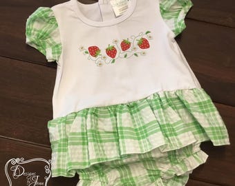 Strawberries Green Plaid Bubble Romper - Personalized Romper - Infant to Toddler Romper - Spring & Summer Gingham Romper -  1st Bday