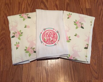 Floral Deer Head -  Burp Clothes - Custom Burp Clothes - Embroidered Burp Clothes - Set of 3 Burp Clothes - Hunting - Flowers - Deer Head