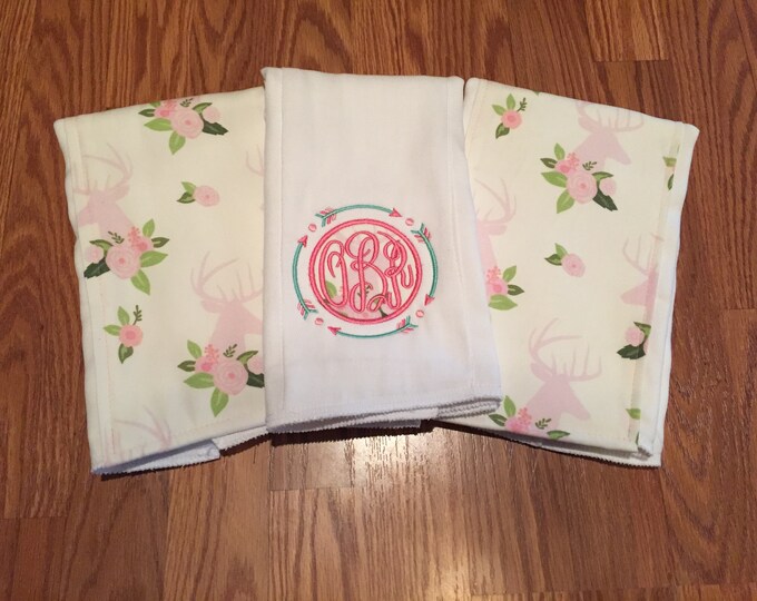 Floral Deer Head -  Burp Clothes - Custom Burp Clothes - Embroidered Burp Clothes - Set of 3 Burp Clothes - Hunting - Flowers - Deer Head