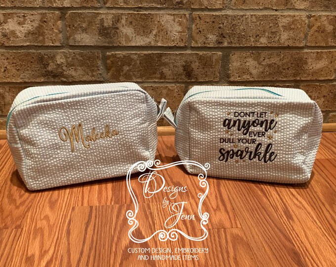 Personalized Seersucker Cosmetic Bag, Monogrammed Toiletry Bag, Personalized Make-up Bag, Personalized Travel Bag, Monogrammed Gift, Sparkle