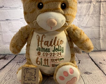 Cat Personalized Stuffed Animal - Personalized Birth Stats Stuffed Animal - Monogramed Stuffed Animal - Embroidered Animal w/Name - Keepsake