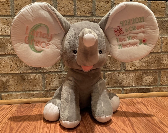 Elephant Personalized Stuffed Animal - Personalized Birth Stats Stuffed Animal - Stuffed Animal Birth Stats - Embroidered Animal Birth Stats