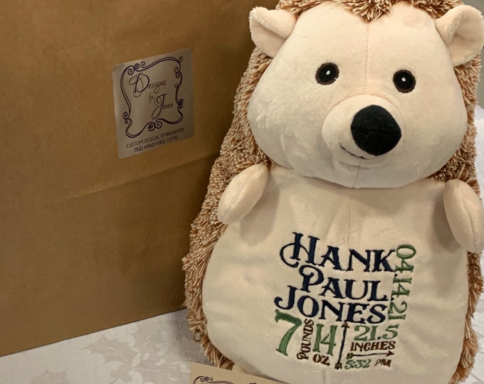 Hedgehog Personalized Stuffed Animal - Personalized Birth Stats Stuffed Animal - Stuffed Animal Birth Stats - Embroidered Animal Birth Stats