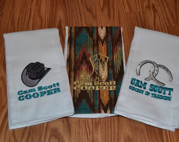 Cowboy Burp Clothes - Custom Burp Clothes - Embroidered Burp Clothes - Set of 3 Burp Cloths- Cowboy Hat and Horse Shoe Burp Clothes