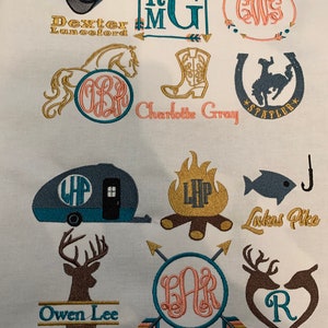 May include: Embroidered designs featuring monograms, names, and various symbols. The designs include a cowboy hat, a boot, a horseshoe, a camper, a campfire, a fish, a deer, and arrows. The names Dexter Lunceford, Charlotte Gray, Lukas Pike, and Owen Lee are included in the designs.