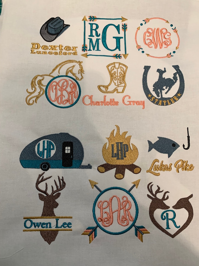 May include: Embroidered designs featuring monograms, names, and various symbols. The designs include a cowboy hat, a boot, a horseshoe, a camper, a campfire, a fish, a deer, and arrows. The names Dexter Lunceford, Charlotte Gray, Lukas Pike, and Owen Lee are included in the designs.