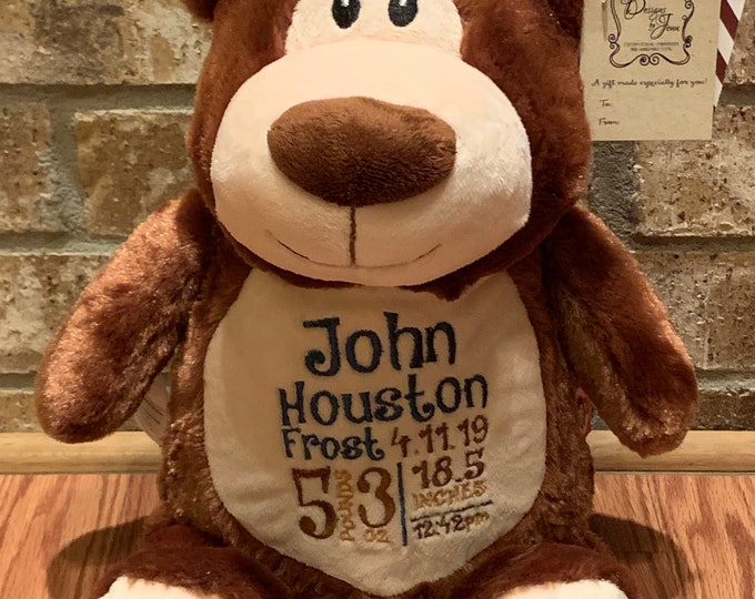 Bear Personalized Stuffed Animal - Personalized Birth Stats Stuffed Animal - Stuffed Animal w/ Birth Stats - Embroidered Animal Birth Stats