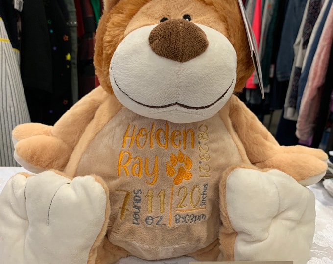 Lion Personalized Stuffed Animal - Personalized Birth Stats Animal - Stuffed Animal w/ Birth Stats - Embroidered Animal Birth Stats