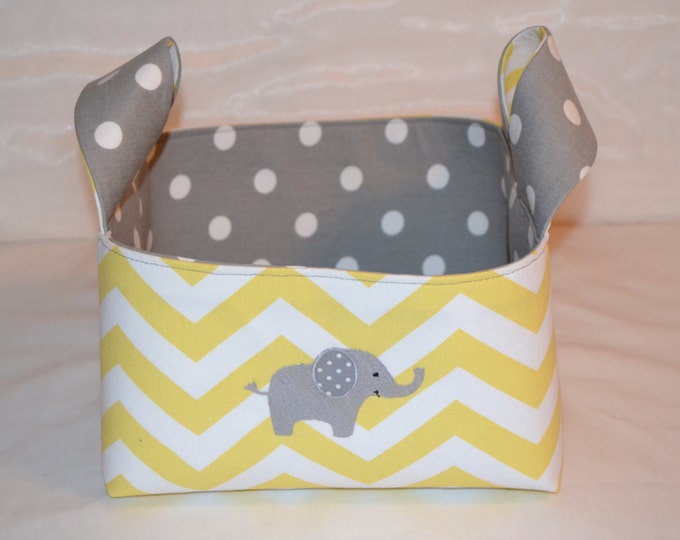 Elephant Deluxe Gift Basket Set - Yellow Chevron - Gray Polka Dots - Handmade Fabric Basket - Baby Shower Gift Set - Embroidered Aplique