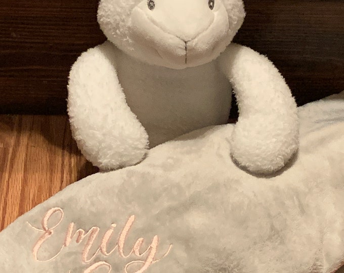 Lamb Blanket Huggers, Personalized Blanket, Stuffed Animal with blanket, Custom Embroidery, Custom blanket stuffed animal, Personalized gift
