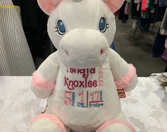 Unicorn Personalized Stuffed Animal - Personalized Birth Stats Stuffed Animal - Stuffed Animal Birth Stats - Embroidered Animal Birth Stats