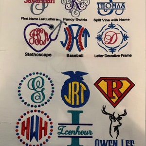 May include: A collection of 10 different embroidery designs for monogramming. The designs include a stethoscope, baseball, letter frame, pineapple, superhero, deer, and more. The designs are all in different colors and styles.