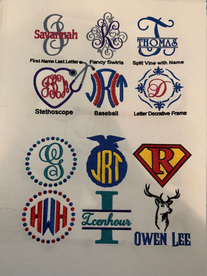 May include: A collection of 10 different embroidery designs for monogramming. The designs include a stethoscope, baseball, letter frame, pineapple, superhero, deer, and more. The designs are all in different colors and styles.