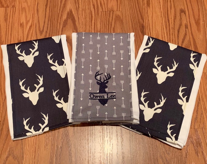 Deer Head Burp Clothes - Custom Burp Clothes - Embroidered Burp Clothes - Set of 3 Burp Cloths - Hunting theme burp Clothes
