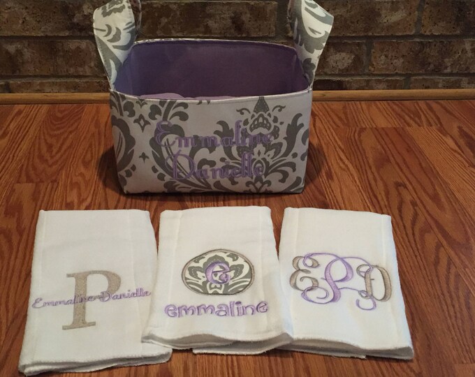 Lavender and Gray Damask Baby Gift Basket - Gift Basket Set - Custom Embroidered Basket - Custom Applique - Damask Pattern