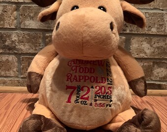 Moose Personalized Stuffed Animal - Personalized Birth Stats Stuffed Animal - Stuffed Animal Birth Stats - Embroidered Animal Birth Stats