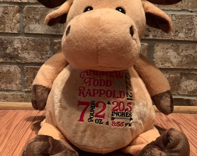 Moose Personalized Stuffed Animal - Personalized Birth Stats Stuffed Animal - Stuffed Animal Birth Stats - Embroidered Animal Birth Stats