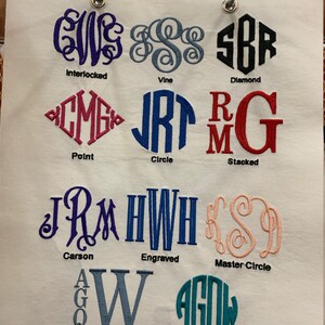 May include: A white fabric swatch with different monogram styles embroidered on it. The styles include Interlocked, Point, Vine, Circle, Diamond, Stacked, Carson, Engraved, Master Circle, 4 Letter Stacked, and 4 Letter Circle.